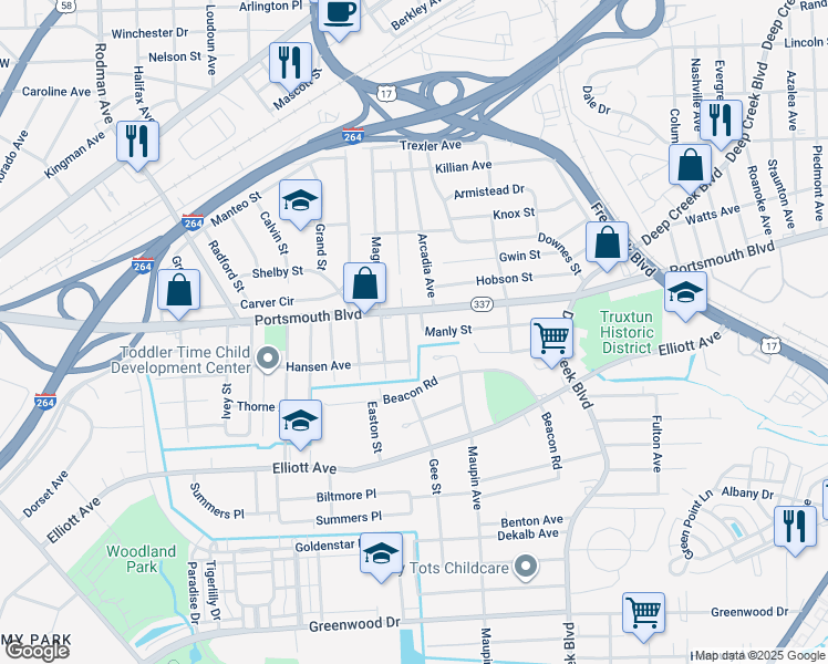map of restaurants, bars, coffee shops, grocery stores, and more near 23 Temple Street in Portsmouth