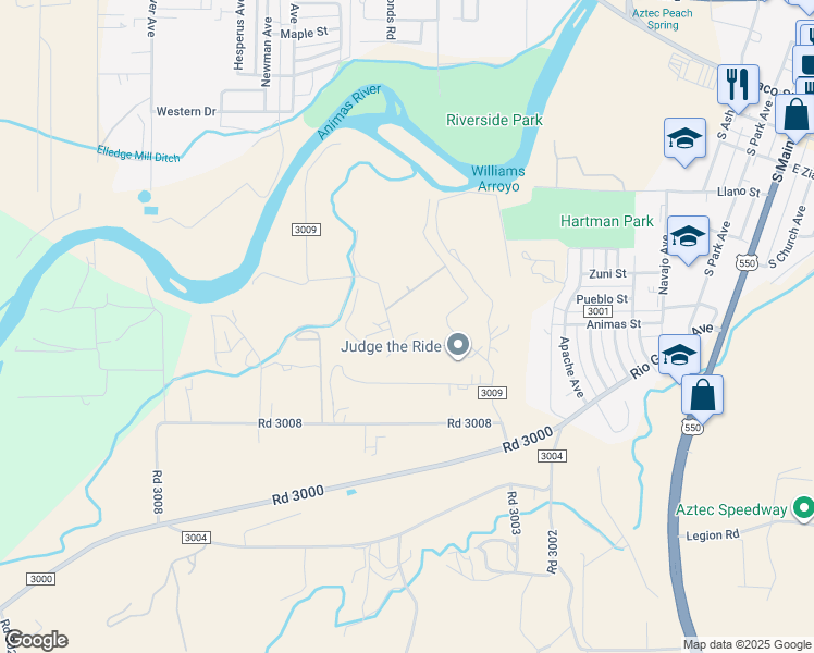 map of restaurants, bars, coffee shops, grocery stores, and more near 52 Road 3009 in Aztec