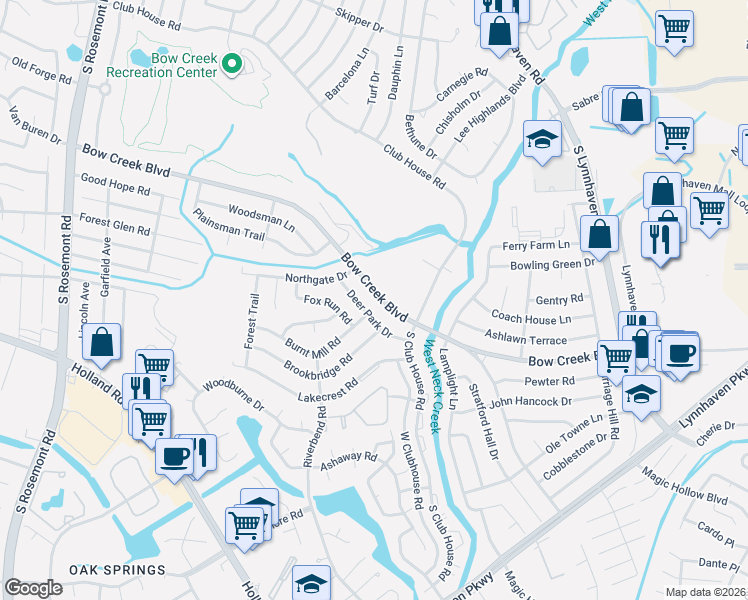 map of restaurants, bars, coffee shops, grocery stores, and more near 3240 Bow Creek Boulevard in Virginia Beach
