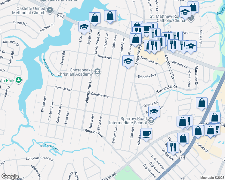 map of restaurants, bars, coffee shops, grocery stores, and more near 1306 Laurel Avenue in Chesapeake