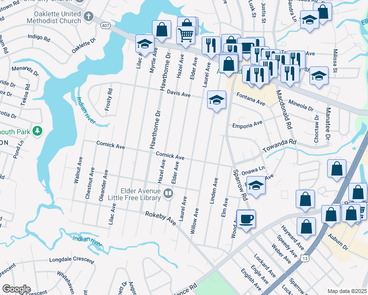 map of restaurants, bars, coffee shops, grocery stores, and more near 1315 Elder Avenue in Chesapeake