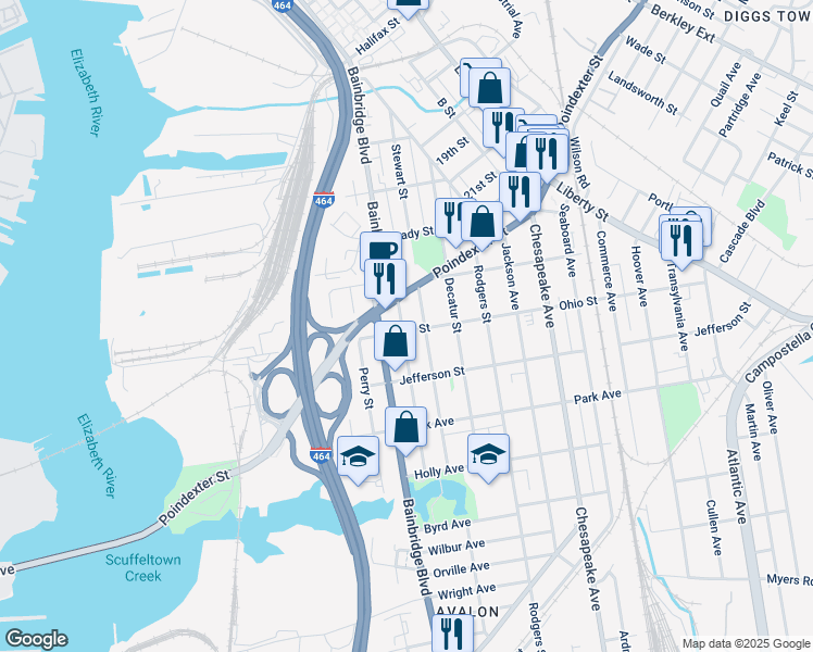 map of restaurants, bars, coffee shops, grocery stores, and more near 814 Poindexter Street in Chesapeake