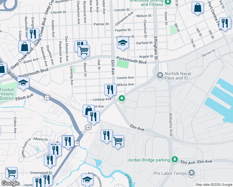 map of restaurants, bars, coffee shops, grocery stores, and more near 1113 Wilcox Avenue in Portsmouth