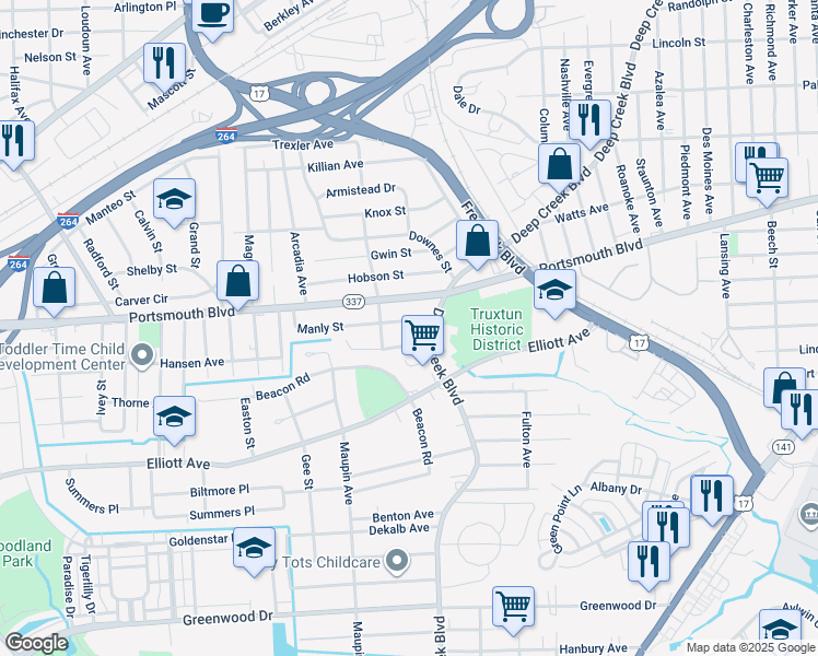 map of restaurants, bars, coffee shops, grocery stores, and more near 30 Manly Street in Portsmouth