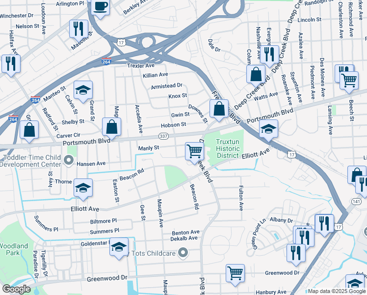 map of restaurants, bars, coffee shops, grocery stores, and more near 38 Manly Street in Portsmouth