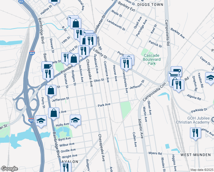map of restaurants, bars, coffee shops, grocery stores, and more near 1222 Commerce Avenue in Chesapeake