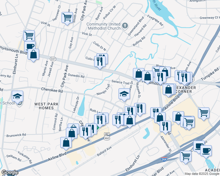 map of restaurants, bars, coffee shops, grocery stores, and more near 159 Cheyenne Trail in Portsmouth