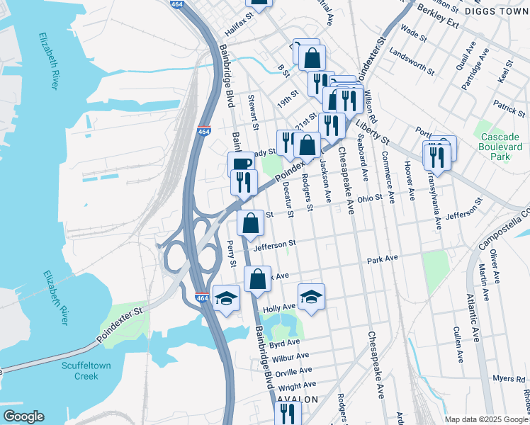 map of restaurants, bars, coffee shops, grocery stores, and more near 1150 Stewart Street in Chesapeake