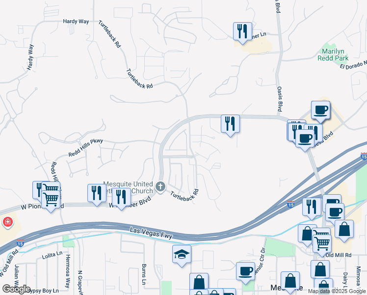 map of restaurants, bars, coffee shops, grocery stores, and more near 403 Crystal Canyon Drive in Mesquite