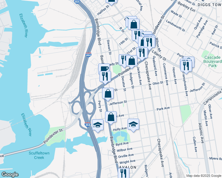 map of restaurants, bars, coffee shops, grocery stores, and more near 903 Ohio Street in Chesapeake