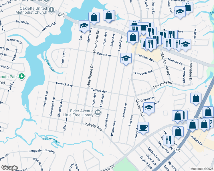 map of restaurants, bars, coffee shops, grocery stores, and more near 1315 Elder Avenue in Chesapeake