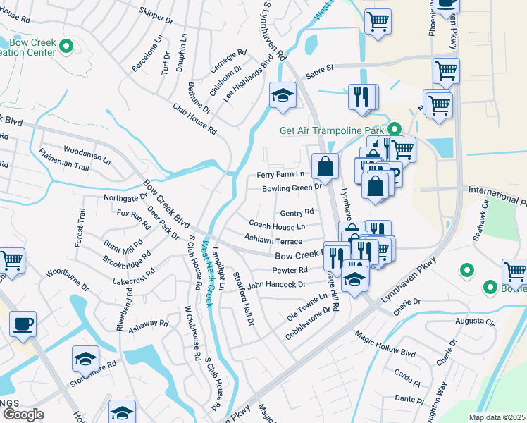 map of restaurants, bars, coffee shops, grocery stores, and more near 709 Burgesses Lane in Virginia Beach
