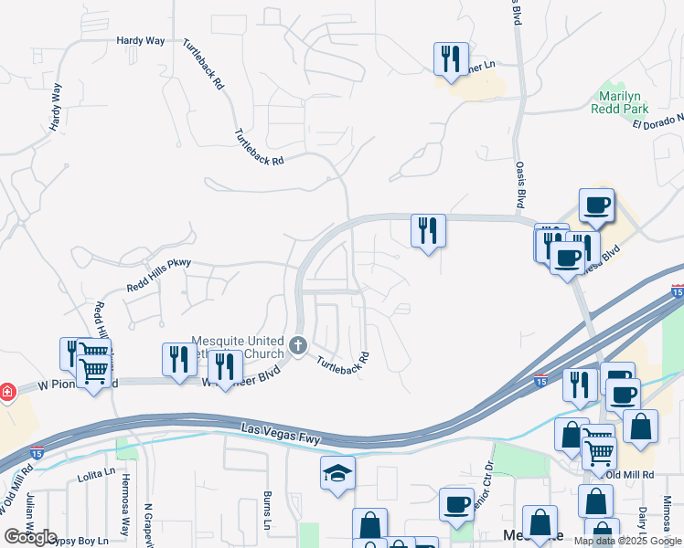 map of restaurants, bars, coffee shops, grocery stores, and more near 536 Plateau Road in Mesquite