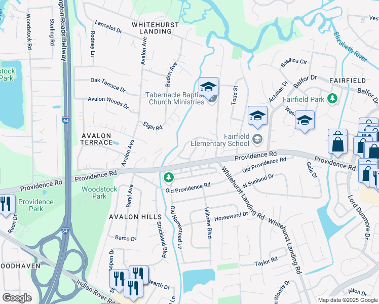 map of restaurants, bars, coffee shops, grocery stores, and more near 5626 Gates Landing Road in Virginia Beach