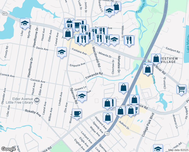 map of restaurants, bars, coffee shops, grocery stores, and more near 4321 Towanda Road in Chesapeake
