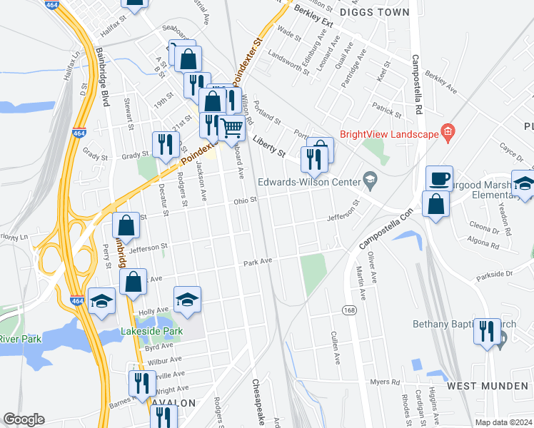 map of restaurants, bars, coffee shops, grocery stores, and more near 1220 Commerce Avenue in Chesapeake