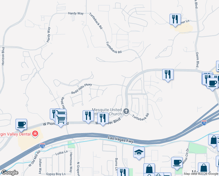 map of restaurants, bars, coffee shops, grocery stores, and more near 524 Mountainside Court in Mesquite