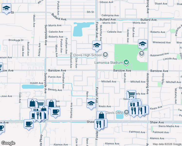 map of restaurants, bars, coffee shops, grocery stores, and more near 1755 Barstow Avenue in Clovis