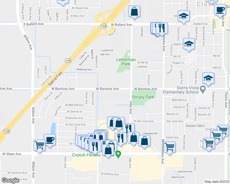map of restaurants, bars, coffee shops, grocery stores, and more near 359 West Barstow Avenue in Clovis