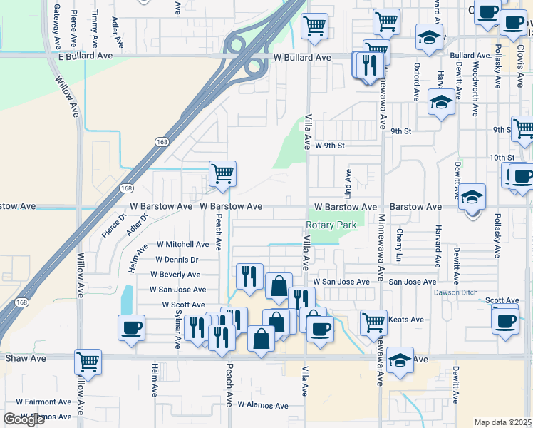 map of restaurants, bars, coffee shops, grocery stores, and more near 359 West Barstow Avenue in Clovis
