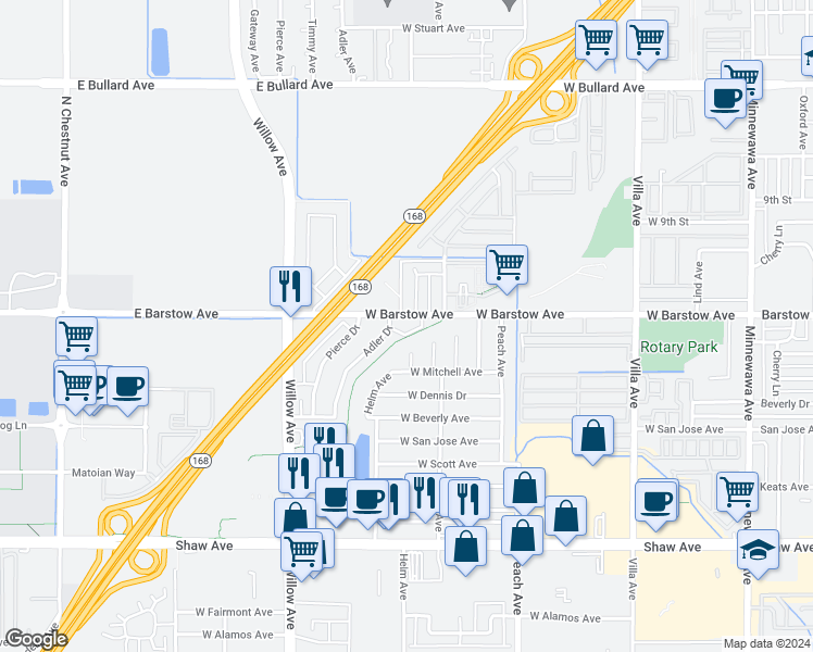 map of restaurants, bars, coffee shops, grocery stores, and more near in Clovis