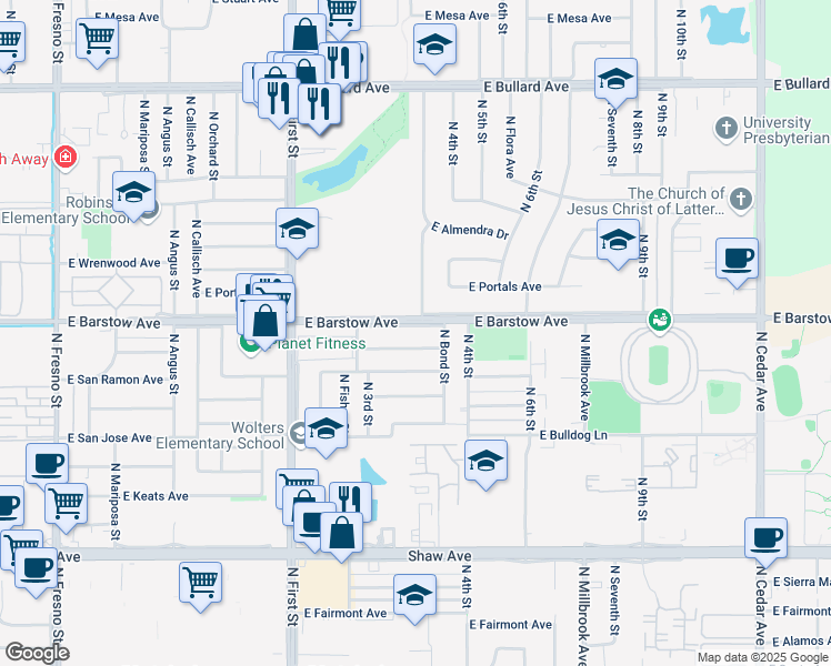 map of restaurants, bars, coffee shops, grocery stores, and more near 5411 North Bond Street in Fresno