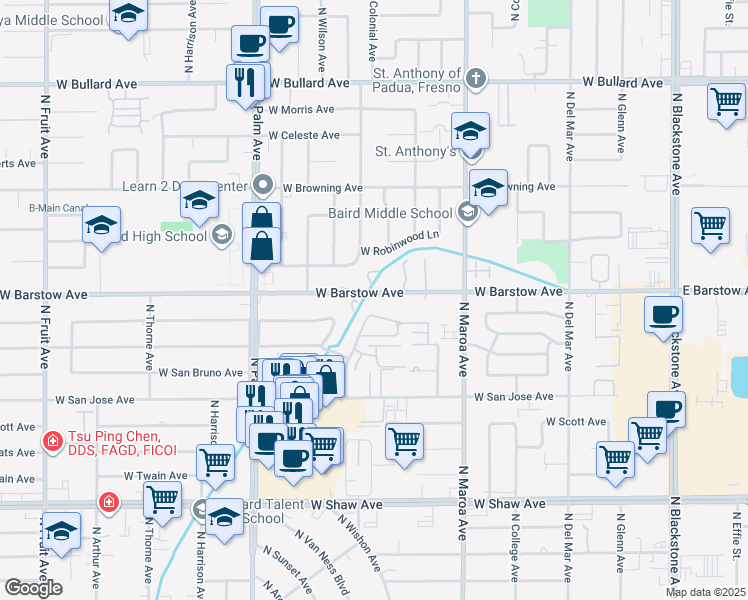map of restaurants, bars, coffee shops, grocery stores, and more near 598 West Barstow Avenue in Fresno