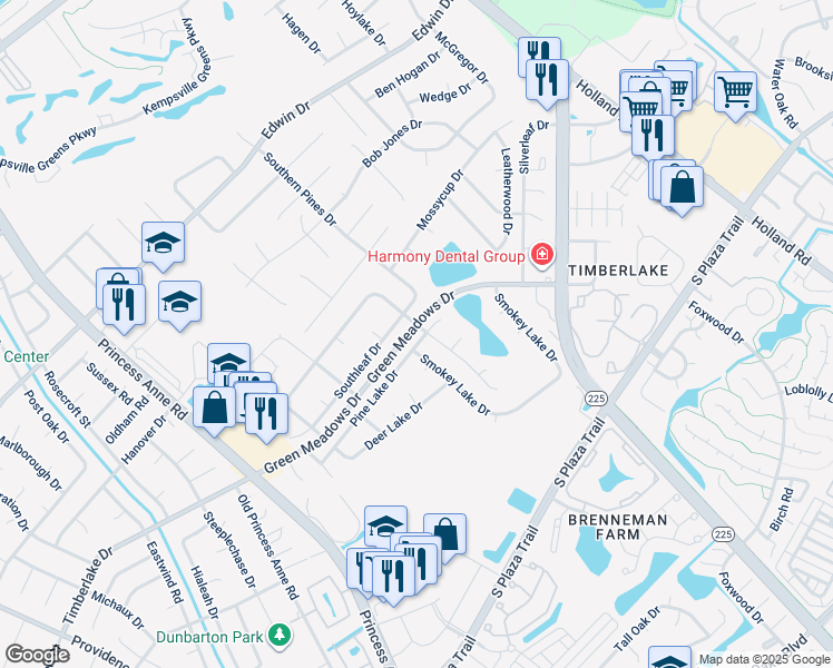 map of restaurants, bars, coffee shops, grocery stores, and more near 4566 Southern Pines Drive in Virginia Beach