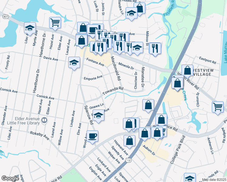 map of restaurants, bars, coffee shops, grocery stores, and more near 4321 Towanda Road in Chesapeake