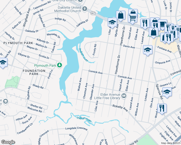 map of restaurants, bars, coffee shops, grocery stores, and more near 1317 Chestnut Avenue in Chesapeake