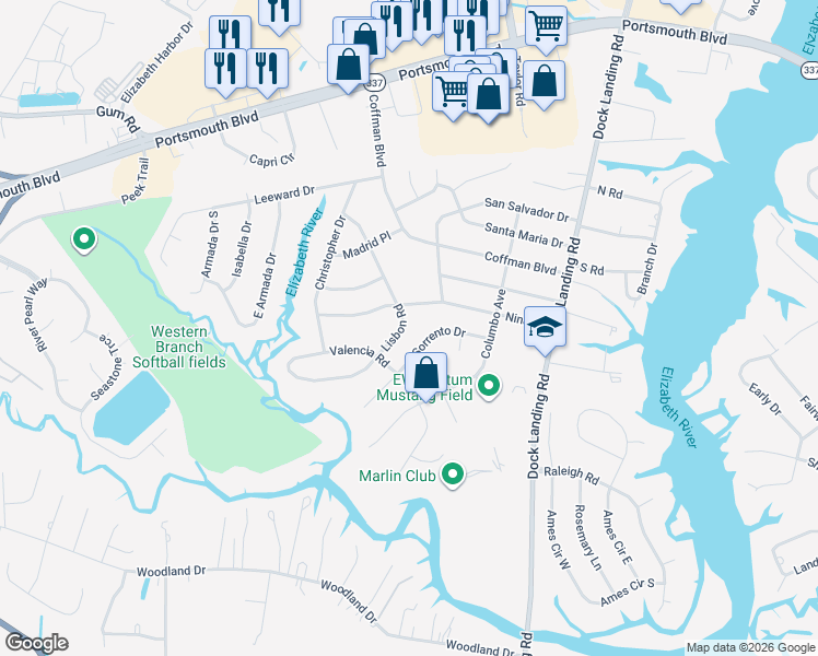 map of restaurants, bars, coffee shops, grocery stores, and more near 2025 Lisbon Road in Chesapeake