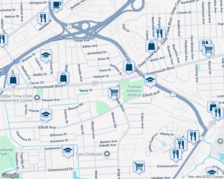 map of restaurants, bars, coffee shops, grocery stores, and more near 24 Manly Street in Portsmouth