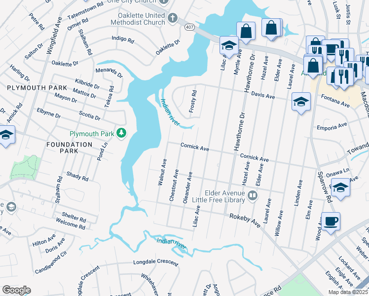 map of restaurants, bars, coffee shops, grocery stores, and more near 1317 Chestnut Avenue in Chesapeake