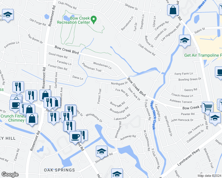 map of restaurants, bars, coffee shops, grocery stores, and more near 709 Fox Run Road in Virginia Beach