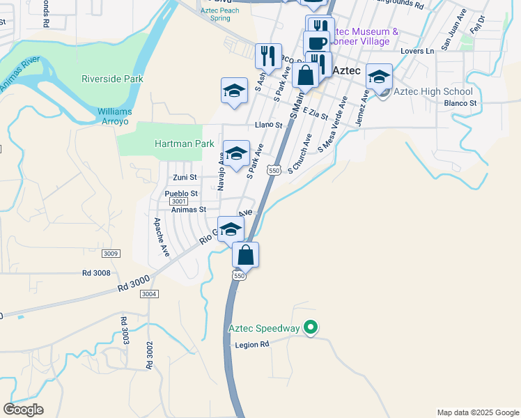 map of restaurants, bars, coffee shops, grocery stores, and more near 590 South Main Avenue in Aztec