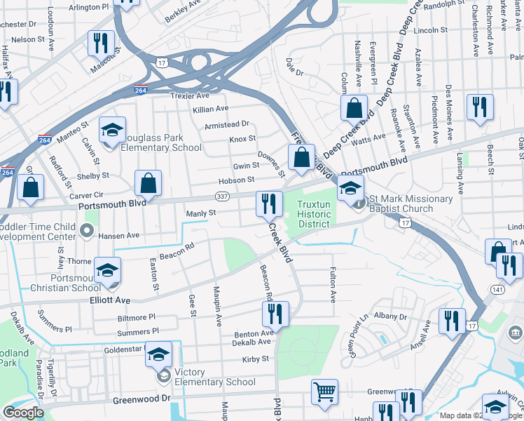 map of restaurants, bars, coffee shops, grocery stores, and more near 24 Manly Street in Portsmouth