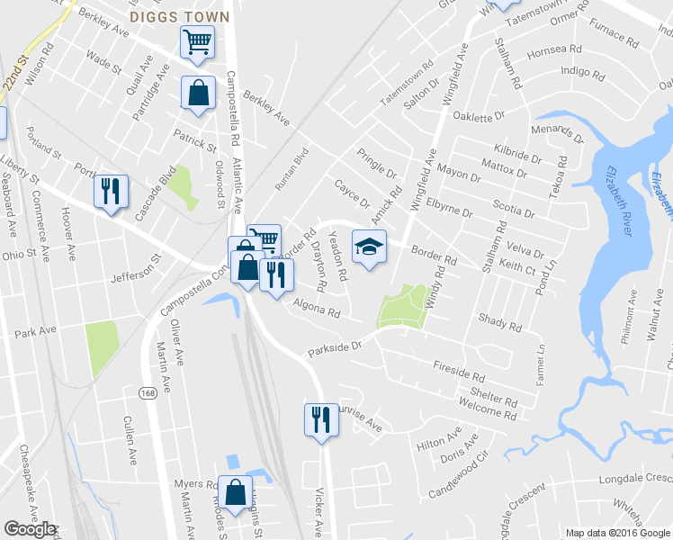 map of restaurants, bars, coffee shops, grocery stores, and more near 1304 Yeadon Road in Chesapeake