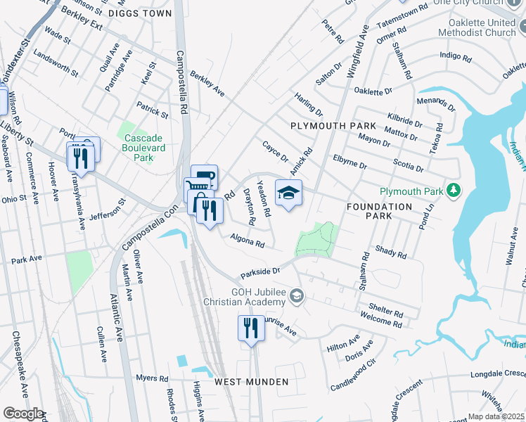 map of restaurants, bars, coffee shops, grocery stores, and more near 1304 Yeadon Road in Chesapeake
