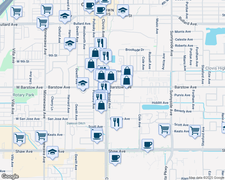 map of restaurants, bars, coffee shops, grocery stores, and more near 1131 Railroad Avenue in Clovis