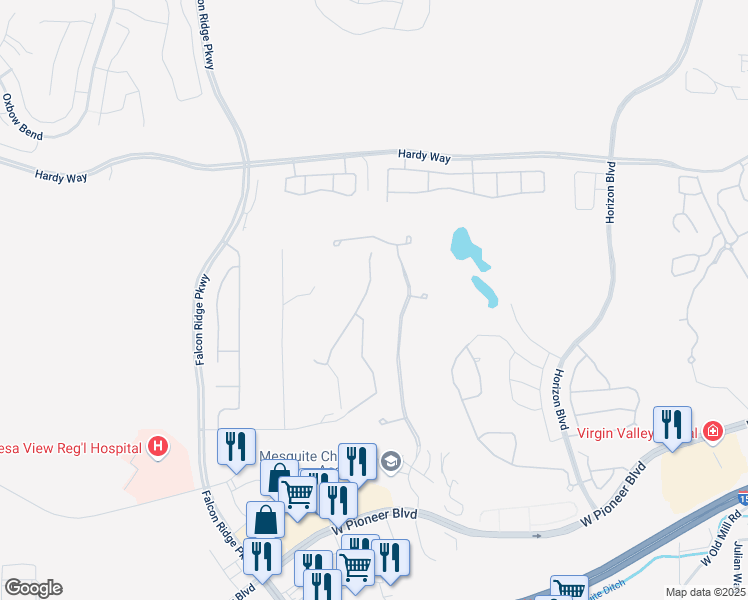 map of restaurants, bars, coffee shops, grocery stores, and more near 526 Highland View Court in Mesquite