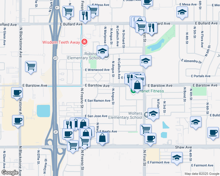 map of restaurants, bars, coffee shops, grocery stores, and more near 550 East Barstow Avenue in Fresno