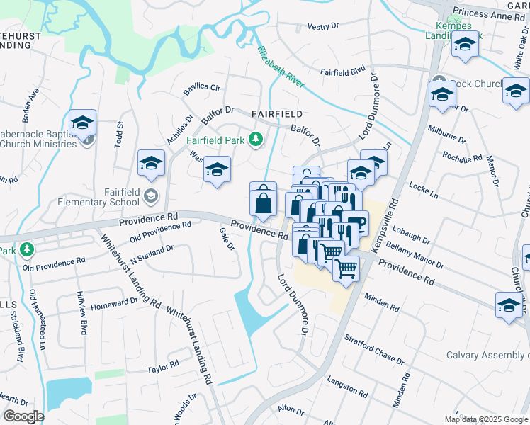 map of restaurants, bars, coffee shops, grocery stores, and more near 5236 Windsor Lane in Virginia Beach