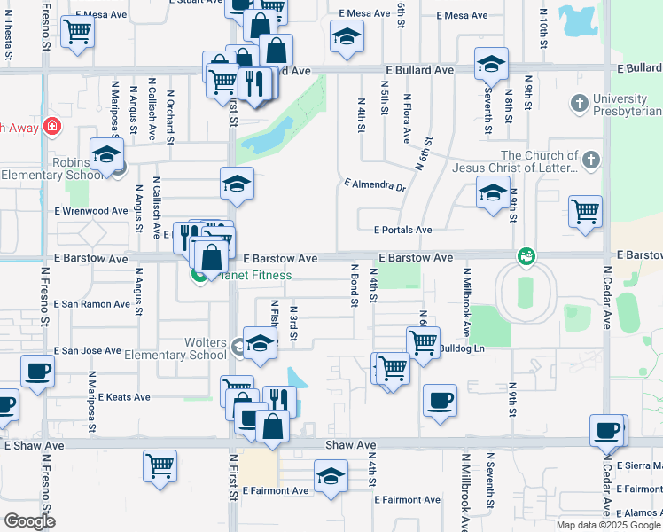 map of restaurants, bars, coffee shops, grocery stores, and more near 5411 North Bond Street in Fresno