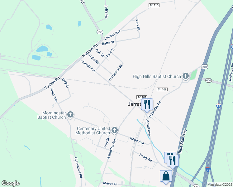map of restaurants, bars, coffee shops, grocery stores, and more near 225 Jarratt Avenue in Jarratt