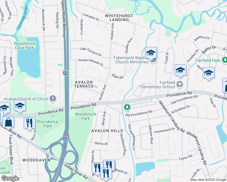 map of restaurants, bars, coffee shops, grocery stores, and more near 5608 Ranger Court in Virginia Beach
