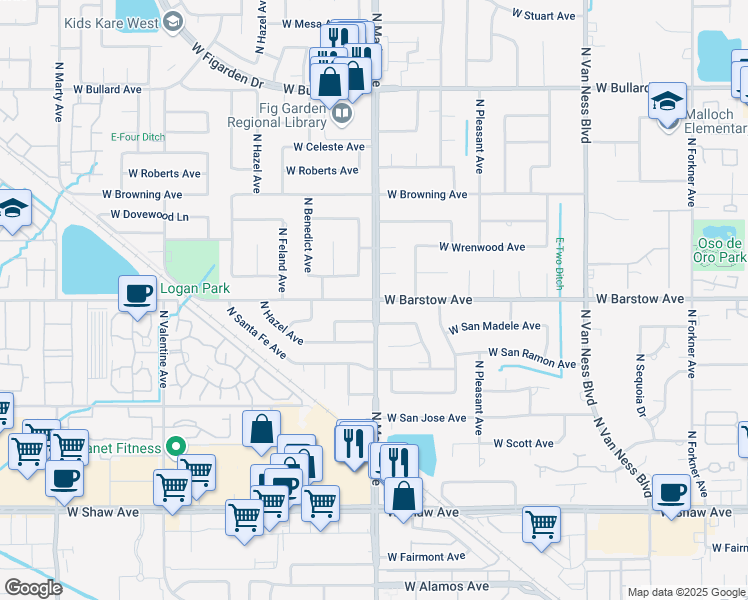 map of restaurants, bars, coffee shops, grocery stores, and more near N Marks Ave & W Barstow Ave in Fresno