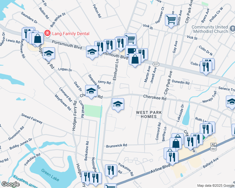 map of restaurants, bars, coffee shops, grocery stores, and more near 1014 Cherokee Road in Portsmouth