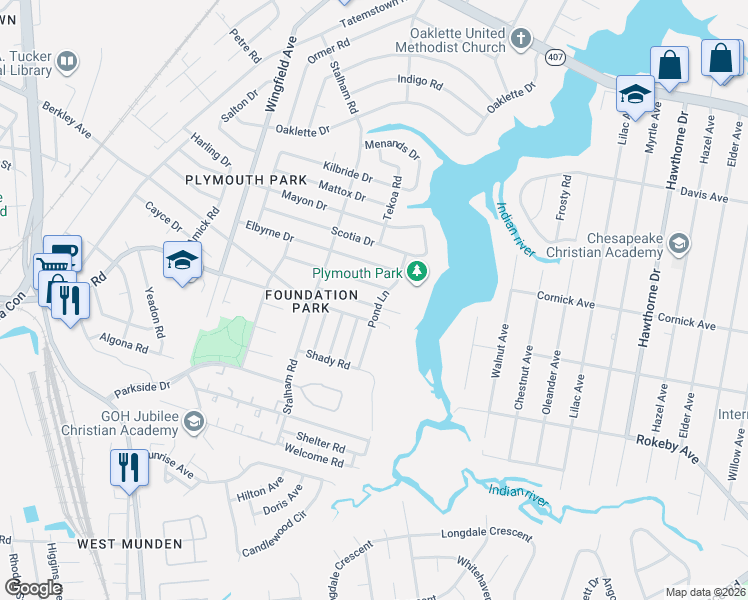 map of restaurants, bars, coffee shops, grocery stores, and more near 341 Keith Court in Chesapeake
