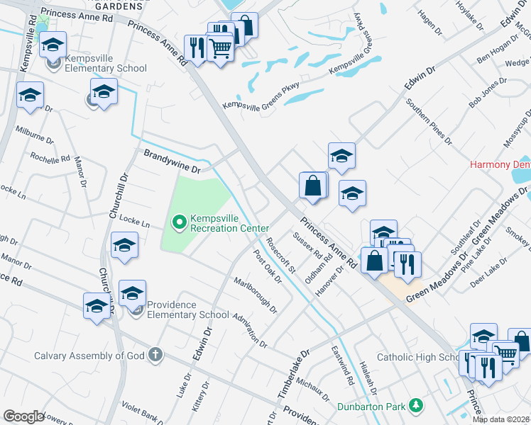 map of restaurants, bars, coffee shops, grocery stores, and more near 4790 Rosecroft Street in Virginia Beach