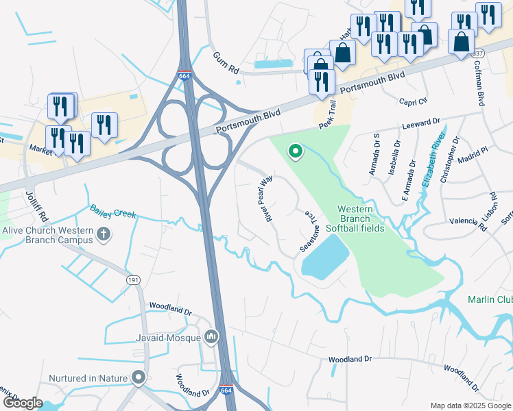 map of restaurants, bars, coffee shops, grocery stores, and more near 2029 River Pearl Way in Chesapeake